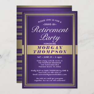 Drive-By Retirement Party Purple White and Gold Invitation