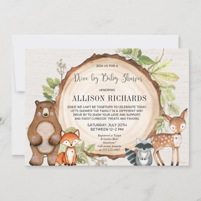 Drive by rustic woodland animals baby shower invitation (Front)