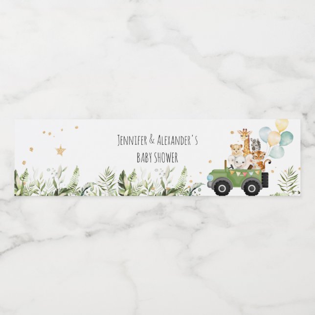 Drive-by Safari Baby Animals Baby Shower Water Bottle Label (Single Label)