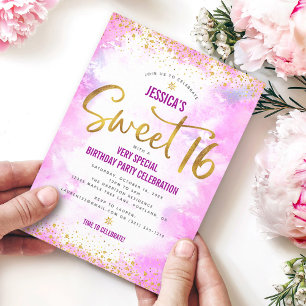 Drive By Sweet 16 Pink Watercolor Gold Birthday Invitation