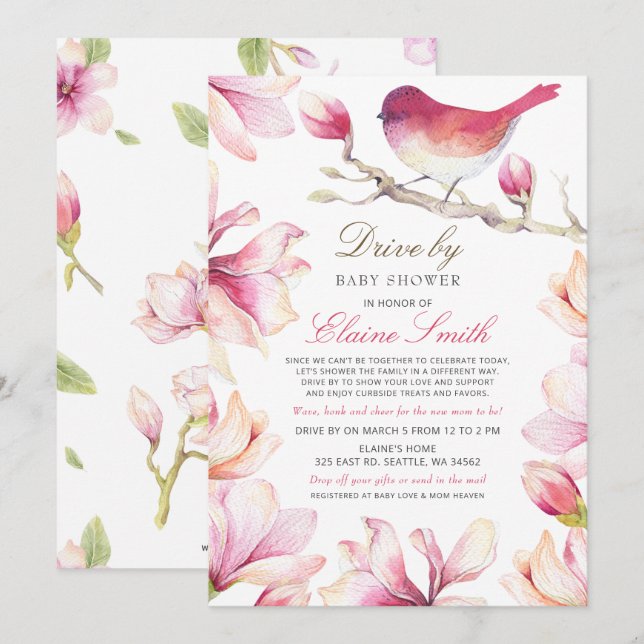 Drive by Sweet Bird Pink Floral Girl Baby Shower Invitation (Front/Back)