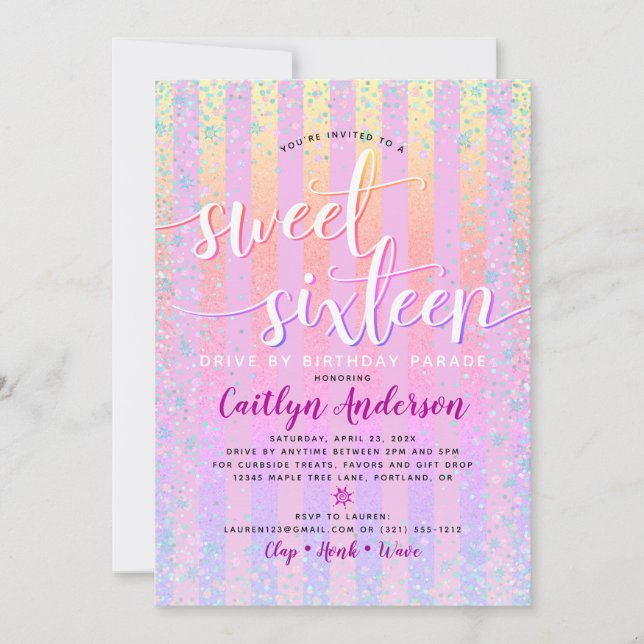 Drive By Sweet Sixteen Birthday Rainbow Ombre Chic Invitation (Front)