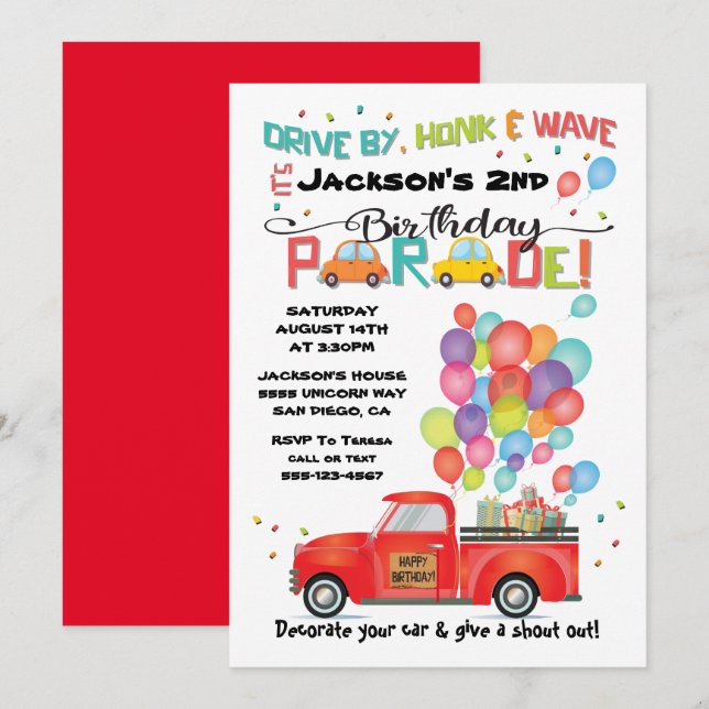 Drive by Truck BIrthday Party Parade Invitation (Front/Back)