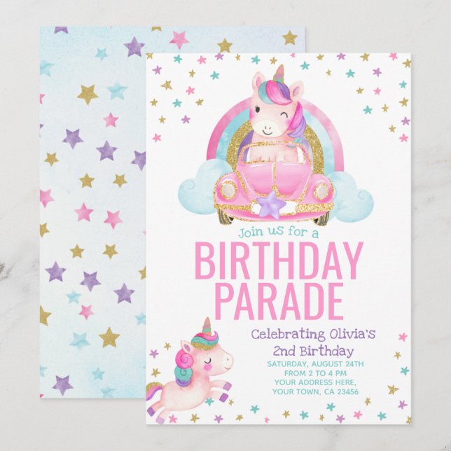 Drive By Unicorn Birthday Invitation (Front/Back)