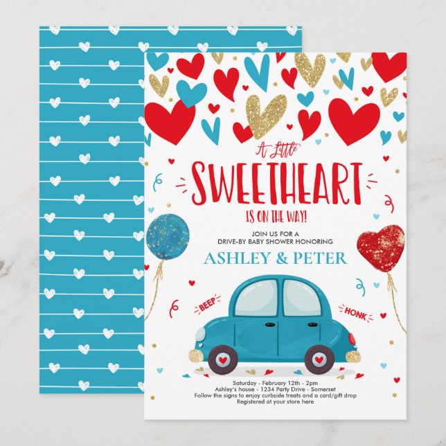 Drive By Valentine Baby Shower Sweetheart Red Blue Invitation (Front/Back)