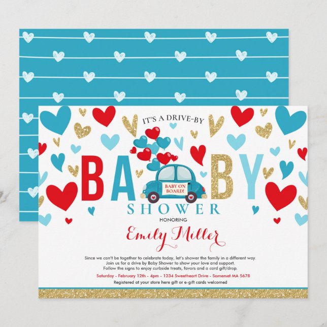 Drive By Valentine Baby Shower Sweetheart Red Blue Invitation (Front/Back)