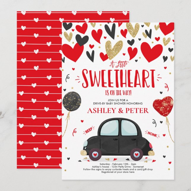 Drive By Valentine Baby Shower Sweetheart Red Gold Invitation (Front/Back)