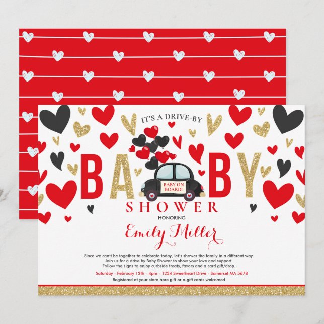 Drive By Valentine Baby Shower Sweetheart Red Gold Invitation (Front/Back)