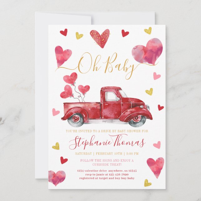 Drive By Valentine Baby Shower with Hearts Invitation (Front)