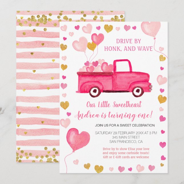 Drive by Valentine Pink Birthday Invitation (Front/Back)