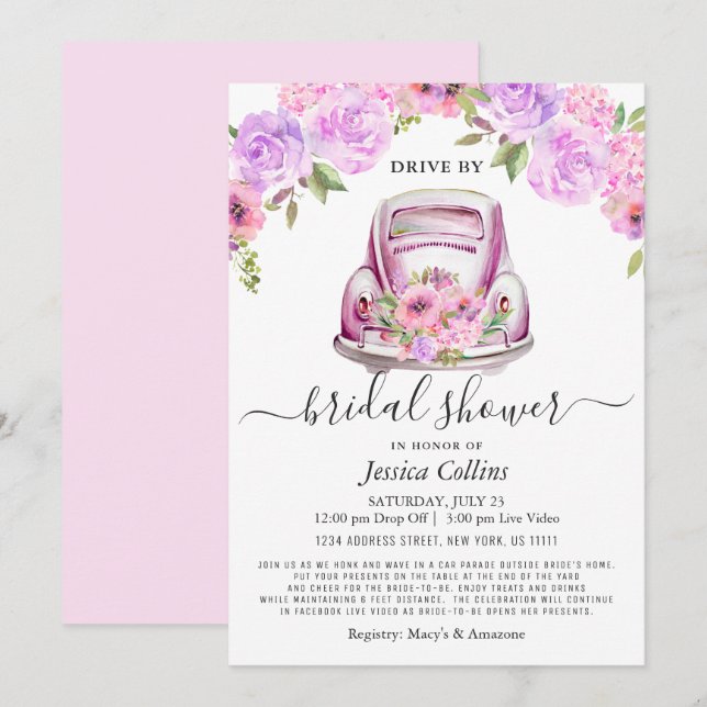 Drive By Virtual Watercolor Floral Bridal Shower Invitation (Front/Back)