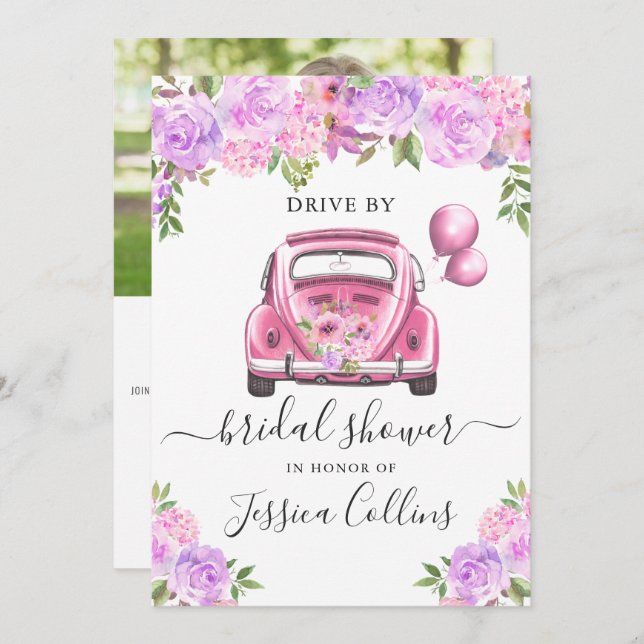 Drive By Virtual Watercolor Floral Bridal Shower Invitation (Front/Back)