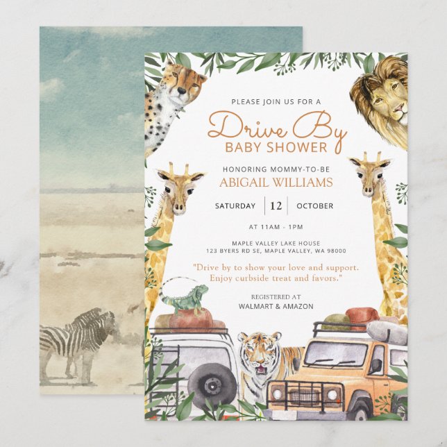 Drive-By Wild Safari Animals Baby Shower Invitation (Front/Back)