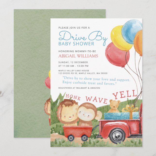 Drive-By Woodland Animals Truck Baby Shower Invitation (Front/Back)