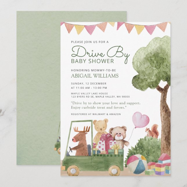 Drive-By Woodland Teddy Bears Baby Shower Invitation (Front/Back)