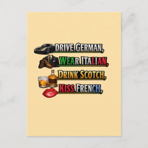 Drive German Wear Italian Drink Scotch Kiss French Postcard