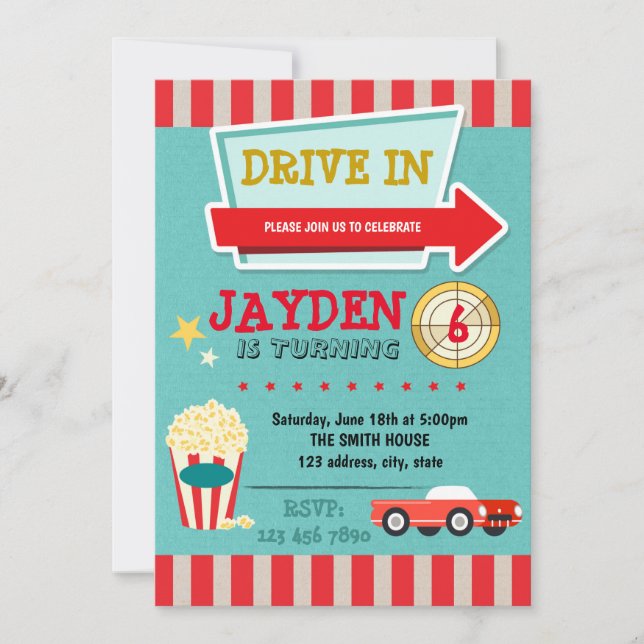 Drive in theme movie party invitation (Front)