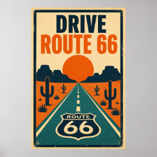 Drive Route 66 Vintage Americana Desert Highway  Poster