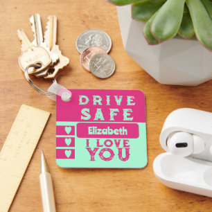 Drive safe I love you add name photo pink green Key Ring