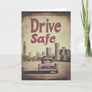 Drive Safe Retro City Pink Car Holiday Card