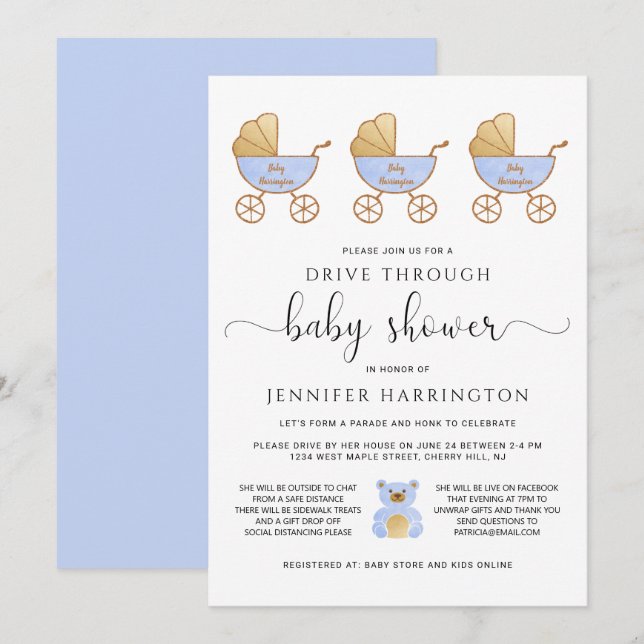 Drive Through Baby Boy Shower Retro Carriage Blue Invitation (Front/Back)