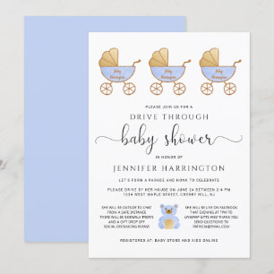 Drive Through Baby Boy Shower Retro Carriage Blue Invitation