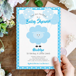 Drive Through Baby Shower, Cute Blue Lamb Modern Invitation