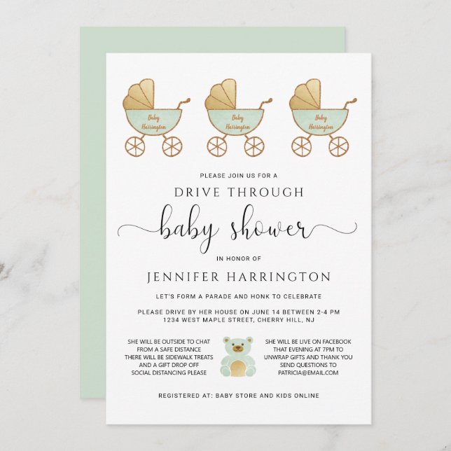 Drive Through Baby Shower Retro Carriage Green Invitation (Front/Back)