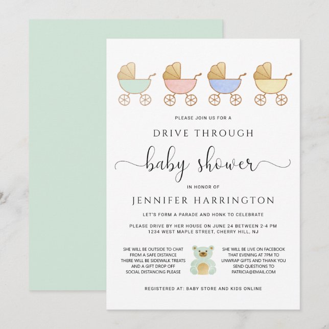 Drive Through Baby Shower | Retro Carriages Parade Invitation (Front/Back)