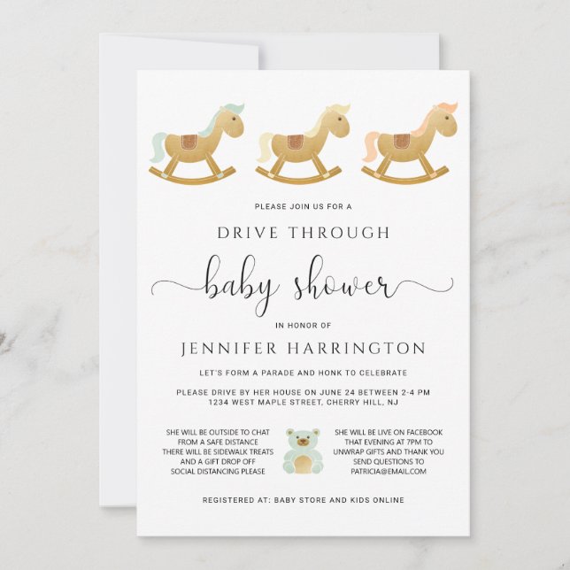 Drive Through Baby Shower | Retro Rocking Horse Invitation (Front)