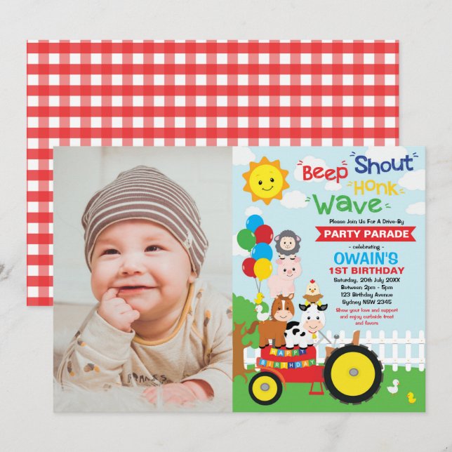 Drive Through Birthday Parade Farm Party Animals Invitation (Front/Back)