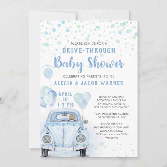 Drive Through Boy Baby Shower Bue Car Invitation (Front)