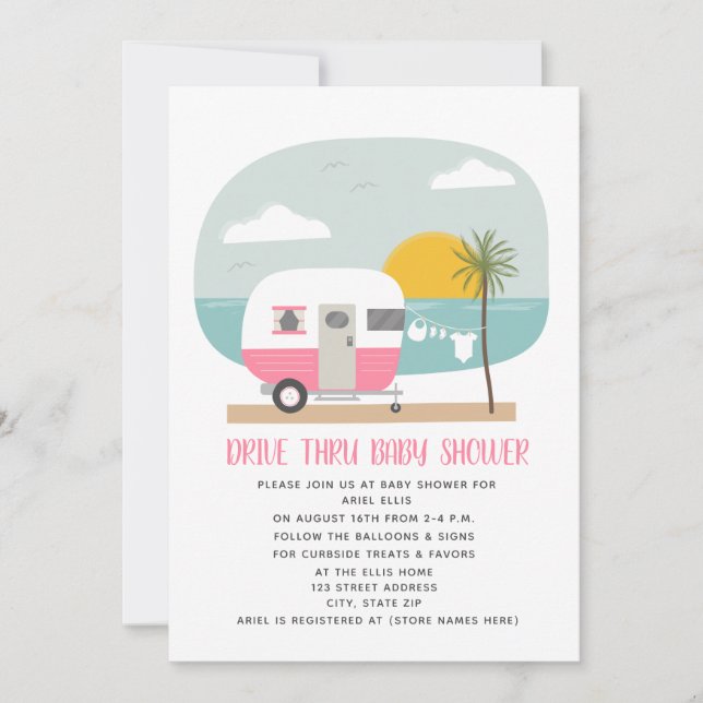 Drive Thru Baby Shower Pink Beach Camper Invitation (Front)