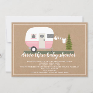 Drive Thru Baby Shower Pink Camper Woodland Invitation