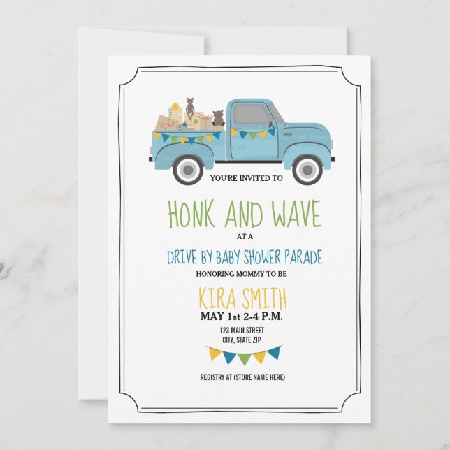 Drive Thru Baby Shower Vintage Blue Truck Invitation (Front)