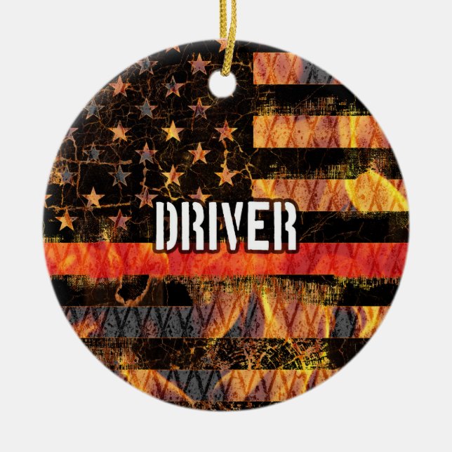Driver Firefighter Flag Ceramic Tree Decoration (Front)