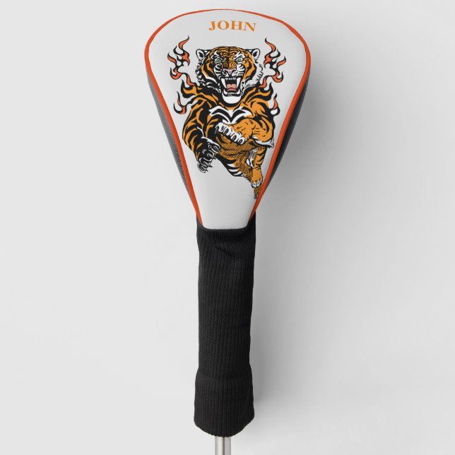 DRIVER GOLF HEAD COVER TIGER IN FLAMES DIY NAME (Front)