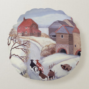 Driving Cows home in the Snow Round Cushion