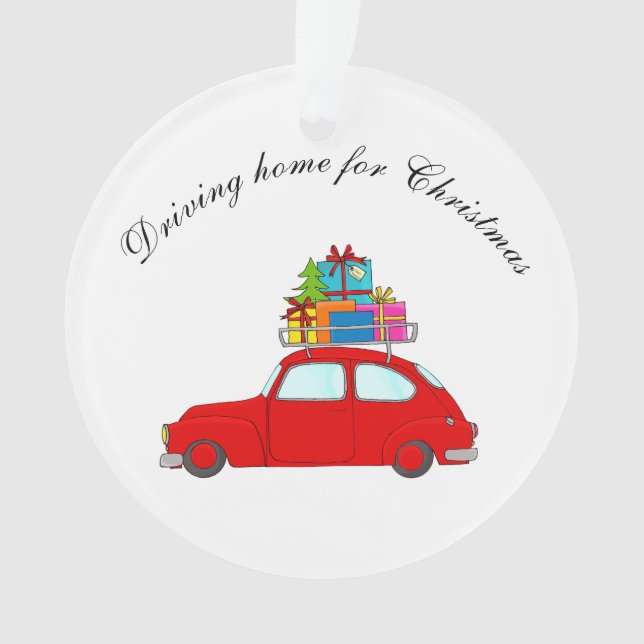 "Driving home for Christmas"car towing tree Ornament (Front)