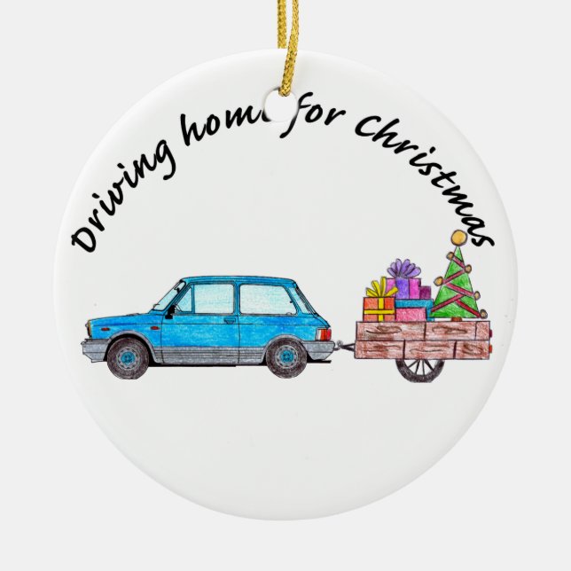 "Driving home for Christmas car with gifts Ceramic Tree Decoration (Front)