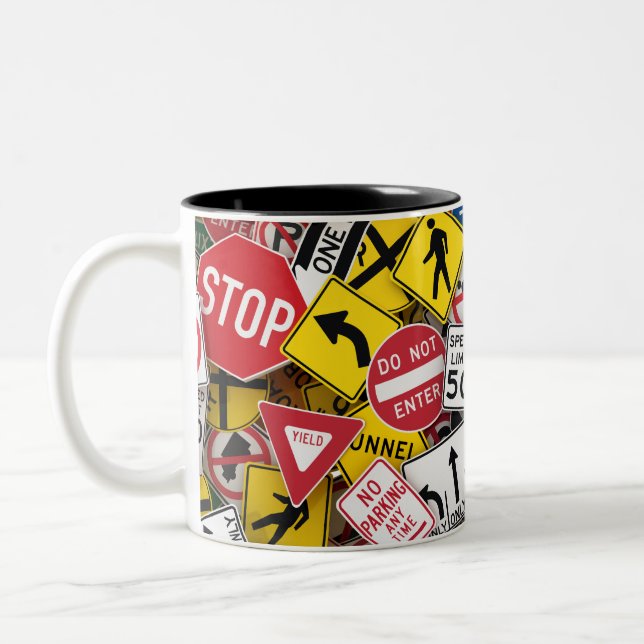 Driving Instructor Fun Road Sign Collage Two-Tone Coffee Mug (Left)