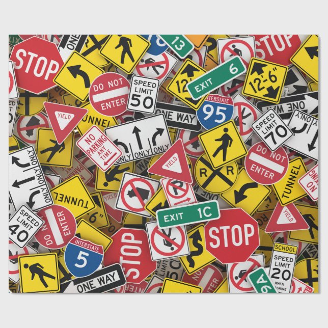 Driving Instructor Fun Road Sign Collage Wrapping Paper (Flat)