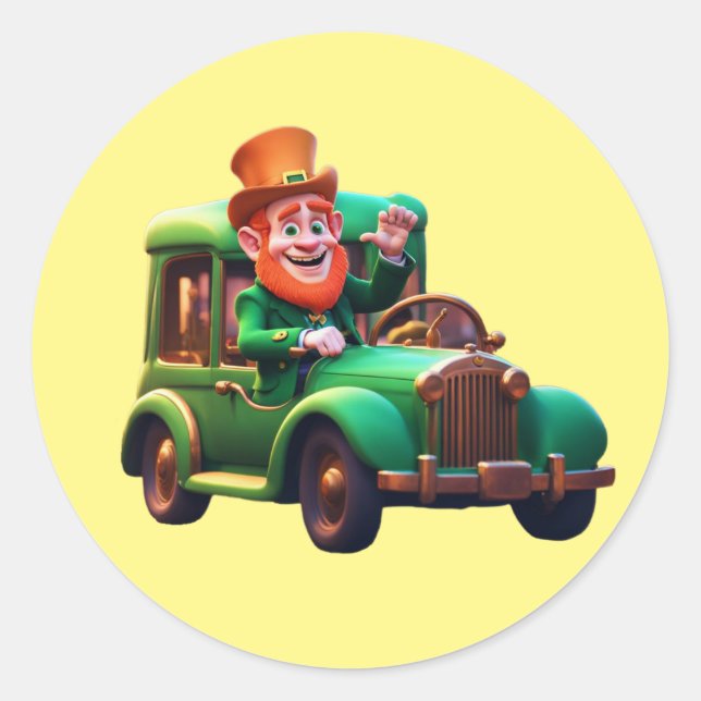 Driving Leprechaun Classic Round Sticker (Front)