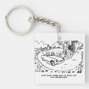 Driving Sports Car in Countryside with Hedgehog Key Ring