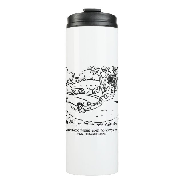 Driving Sports Car in Countryside with Hedgehog Thermal Tumbler (Front)
