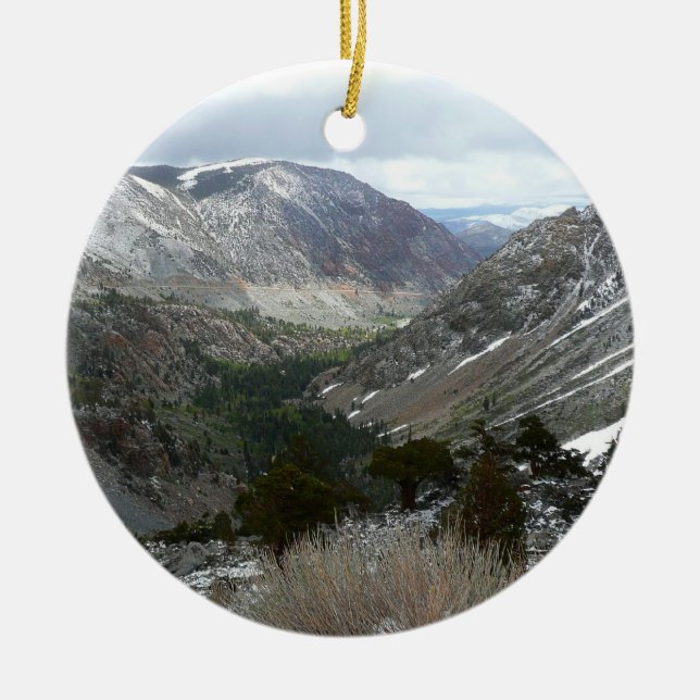 Driving Through the Snowy Sierra Nevada Mountains Ceramic Tree Decoration (Front)