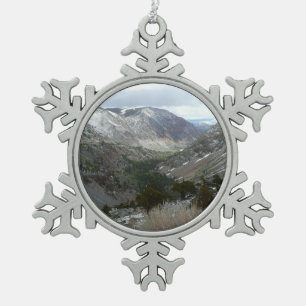 Driving Through the Snowy Sierra Nevada Mountains Snowflake Pewter Christmas Ornament