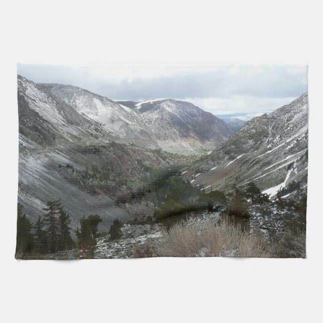 Driving Through the Snowy Sierra Nevada Mountains Tea Towel (Horizontal)
