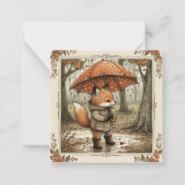 Drizzle & Delights: Enchanting Fox Rain Card (Front)