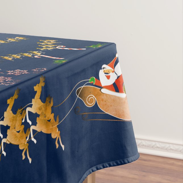 Drk Blue Christmas Santa's Reindeer Vintage Tablecloth (In Situ)